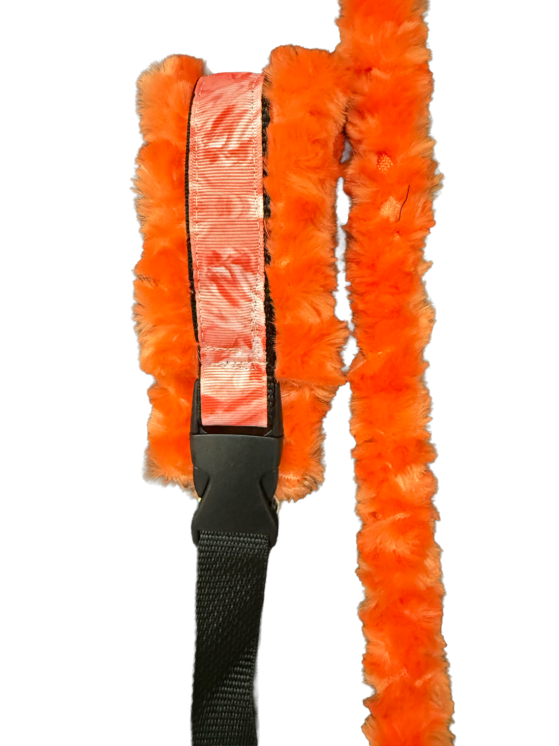 Orange dog collar with a black strap on a white background