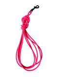 A bright pink braided rope dog leash with a black metal clasp