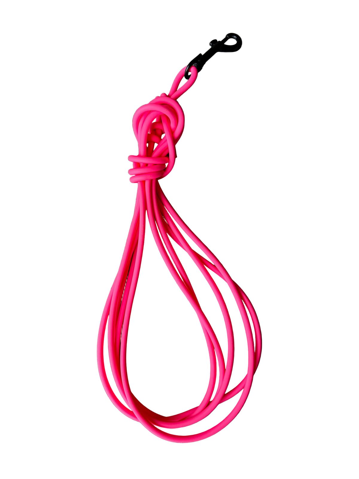 A bright pink braided rope dog leash with a black metal clasp