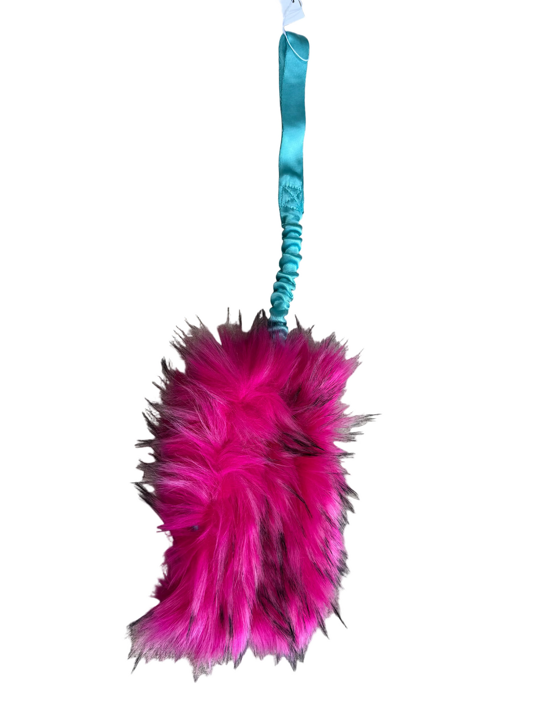 Colorful feathered dog toy with a blue handle on a white background.