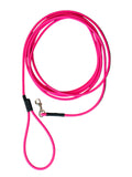 A bright pink dog lead rope coiled, featuring a nickel swivel snap hook on a white background.