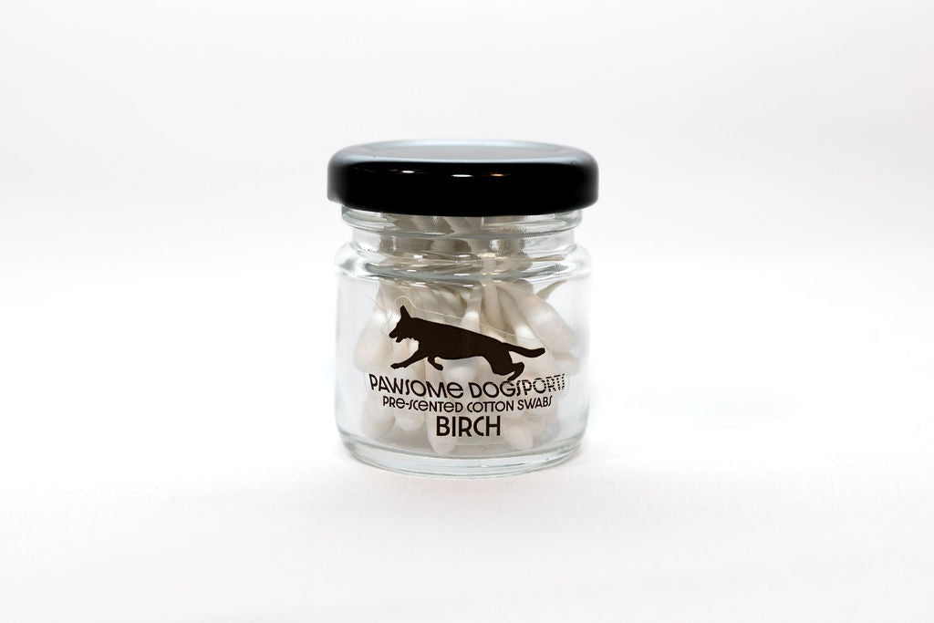 A glass jar of pre-scented cotton swabs for ACK, UKC, and NACSW. Birch odor.