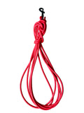 A bright red multi-strand elastic cord or leash with a black metal clip at the top, 