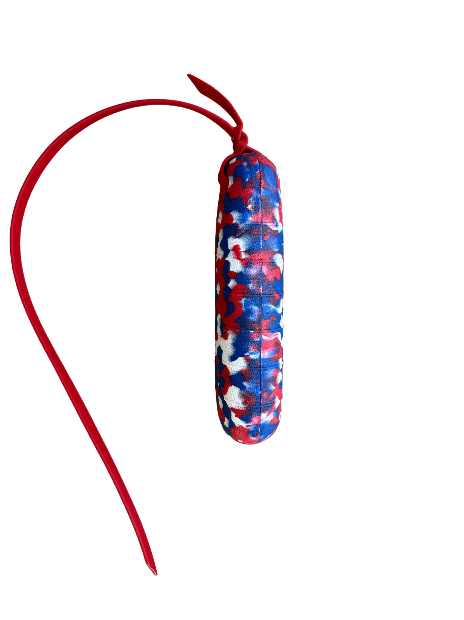 Red, white, and blue EVA foam bumper with a red strap on a white background.