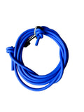 A coiled blue biothane  rope secured with a black carabiner clip.