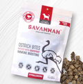 Savannah dog treats package with treats on a white background