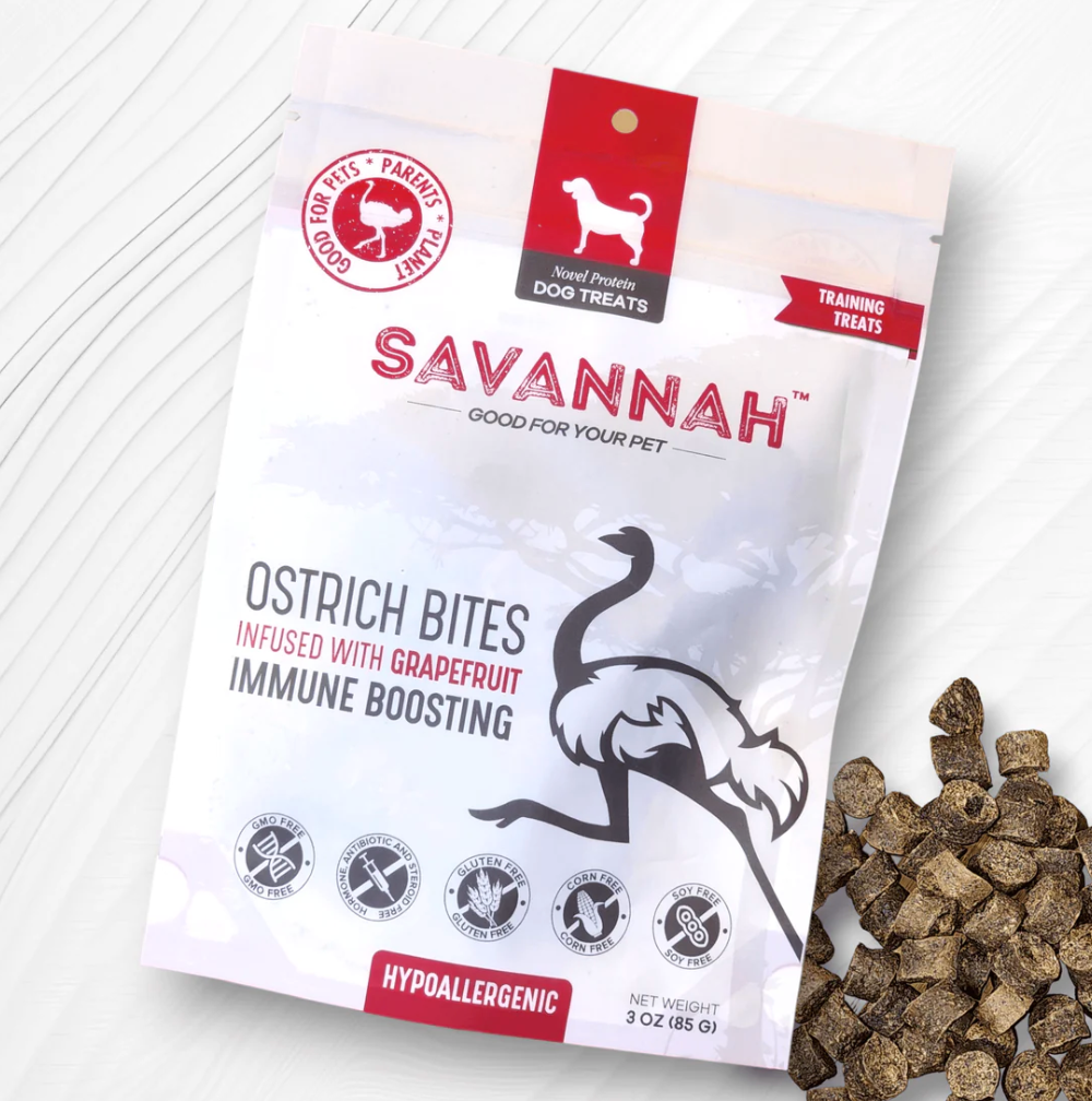 Savannah dog treats package with treats on a white background