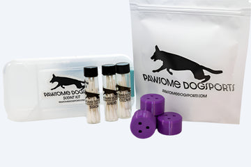 The image shows a Basic Nosework Kit which includes a white storage case with branding, purple magnetic mini-hides, and tubes with pre-cut and scented swabs.