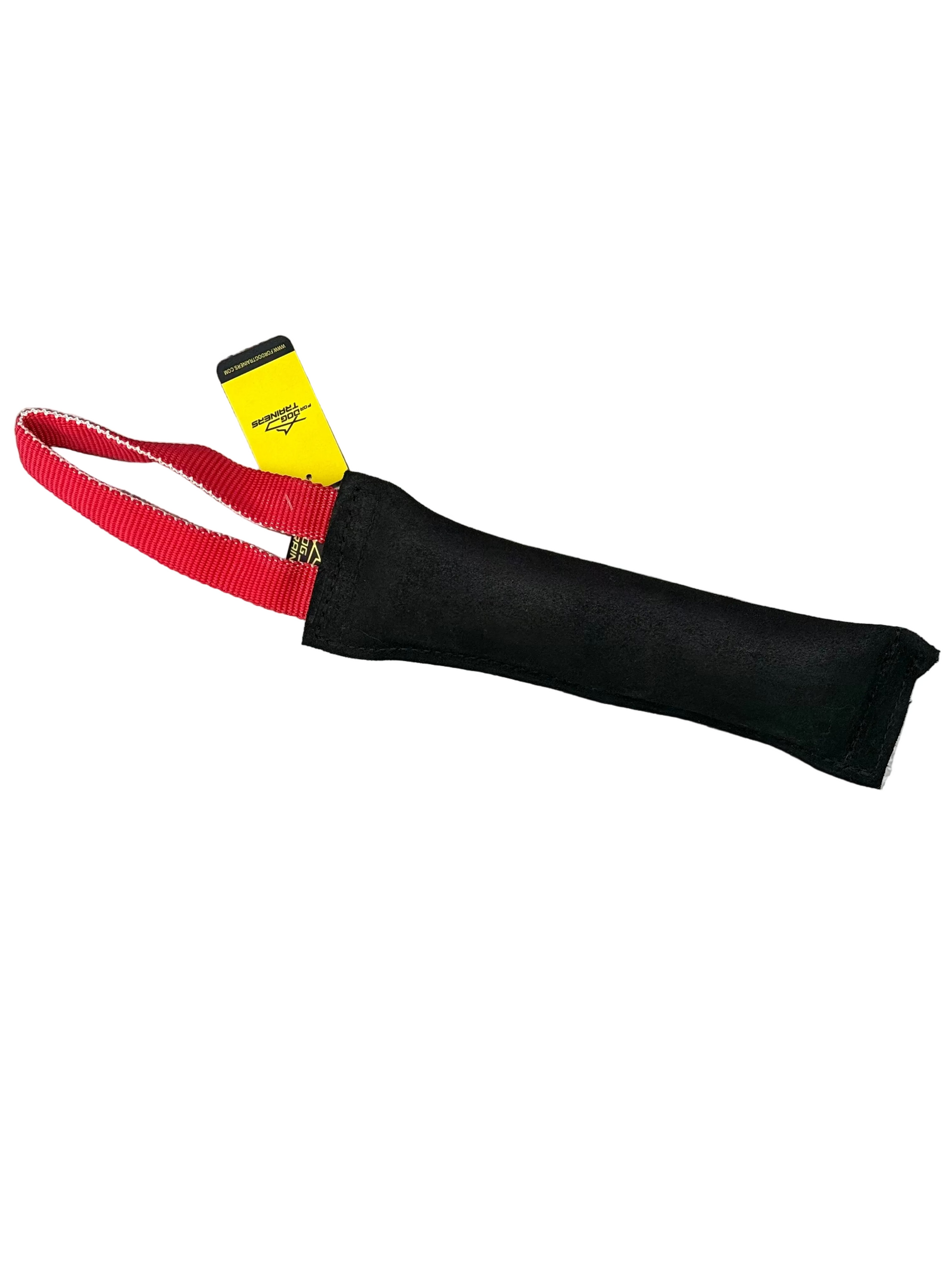 Black dog tug with red handle and yellow label on a white background. 