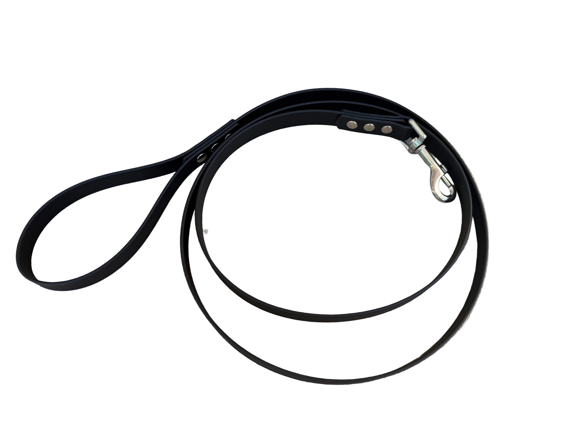 Black dog leash on a white background.