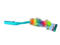 Colorful feather dog toy with a green ball on a white background.