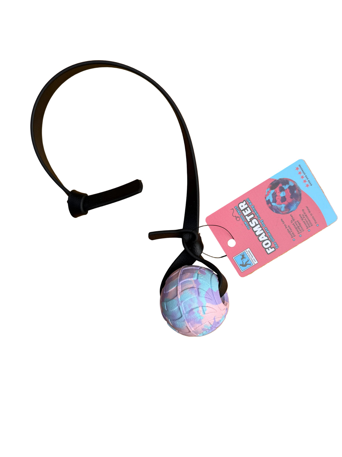 A foam ball with a black strap and a textured, pastel-colored ball with a white background.