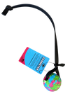 Cat toy with colorful ball and black cord on a white background