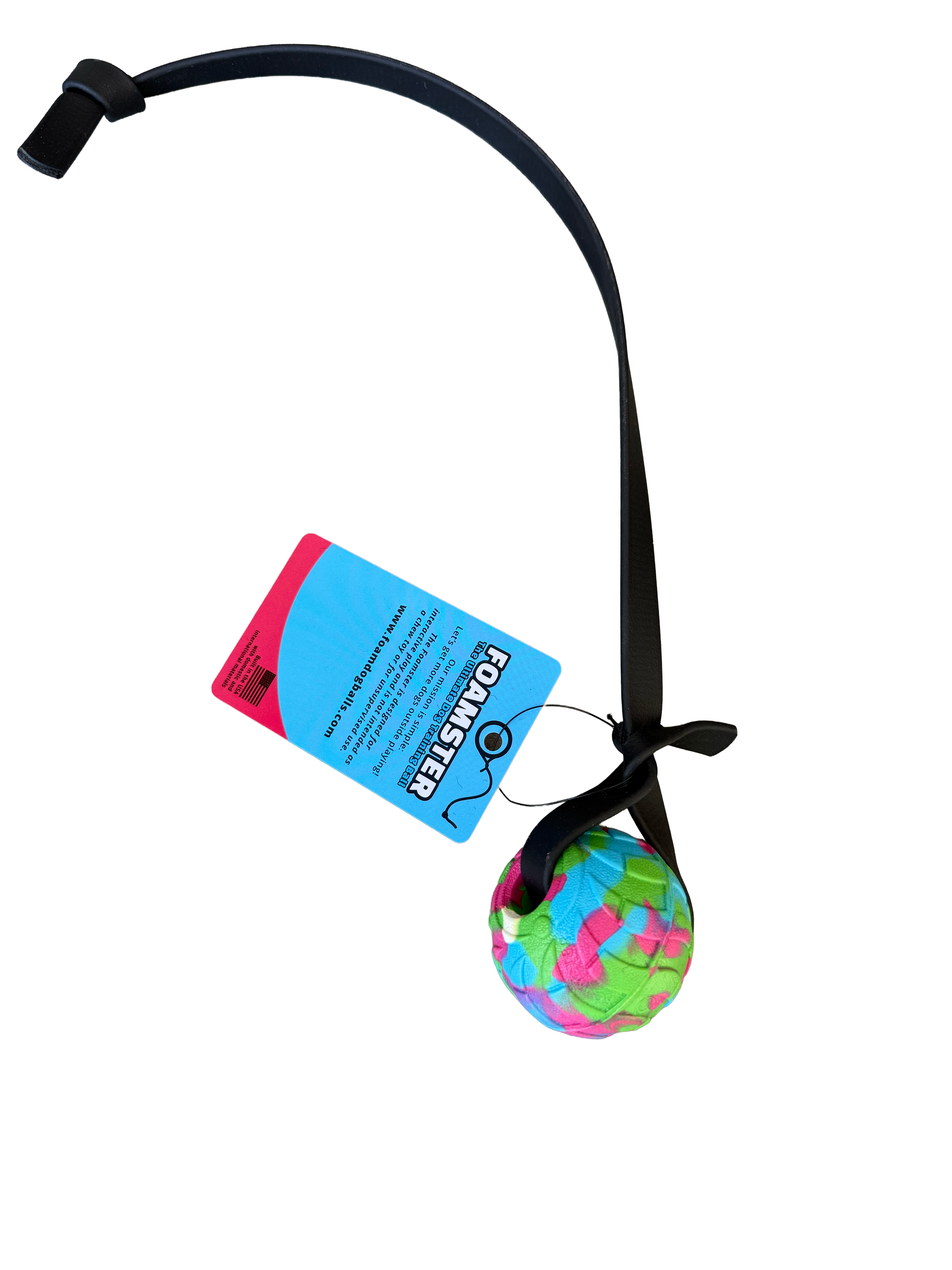 Cat toy with colorful ball and black cord on a white background