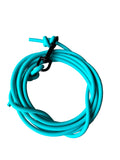 A bright teal coiled biothane dog lead with a black metal clip