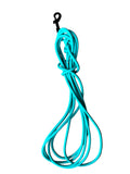 A bright teal coiled strap or leash with a black metal clip at the top