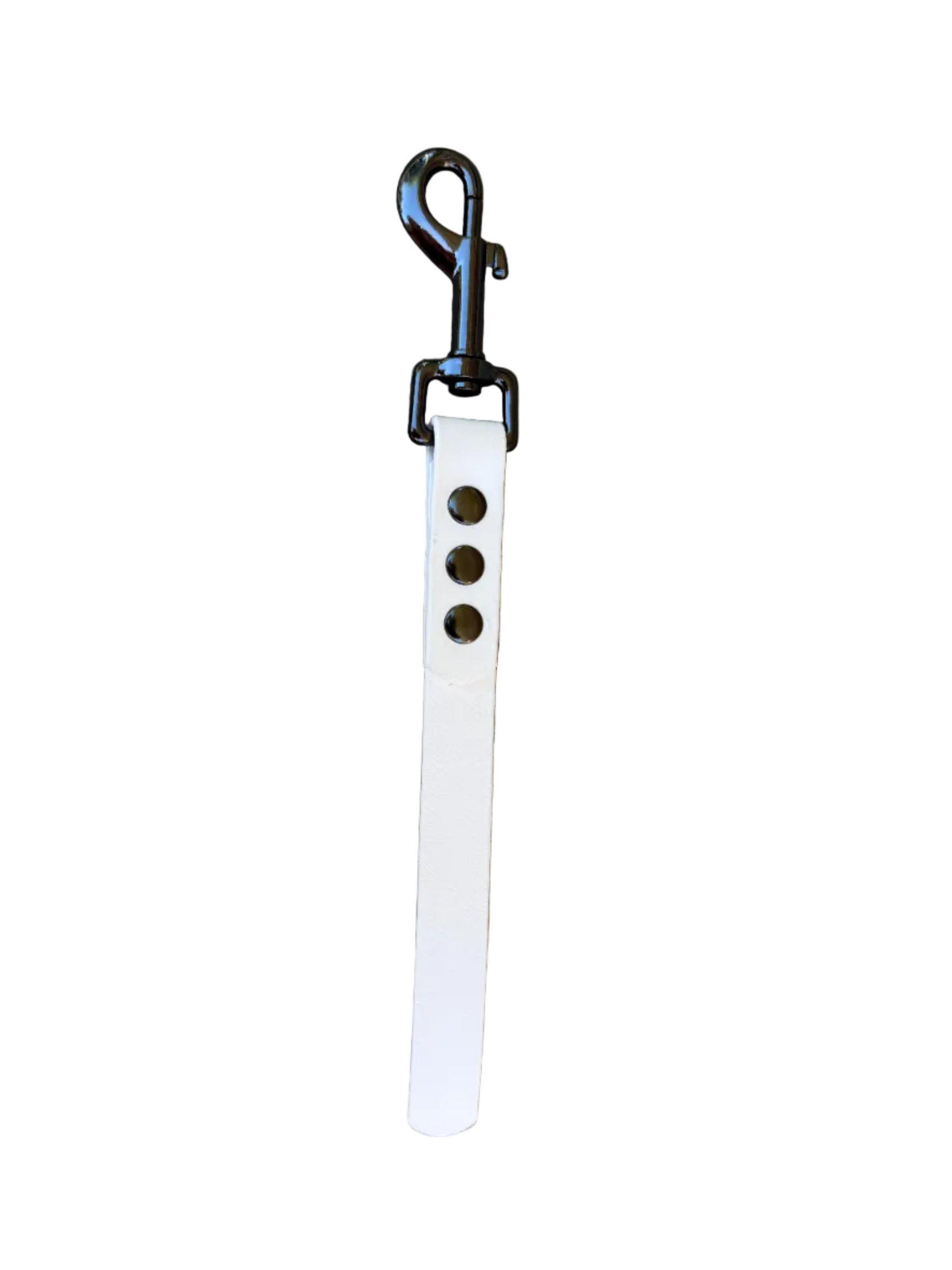 White leather belt with metal buckle on a white background.