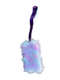 Colorful fluffy toy with a purple handle on a white background.