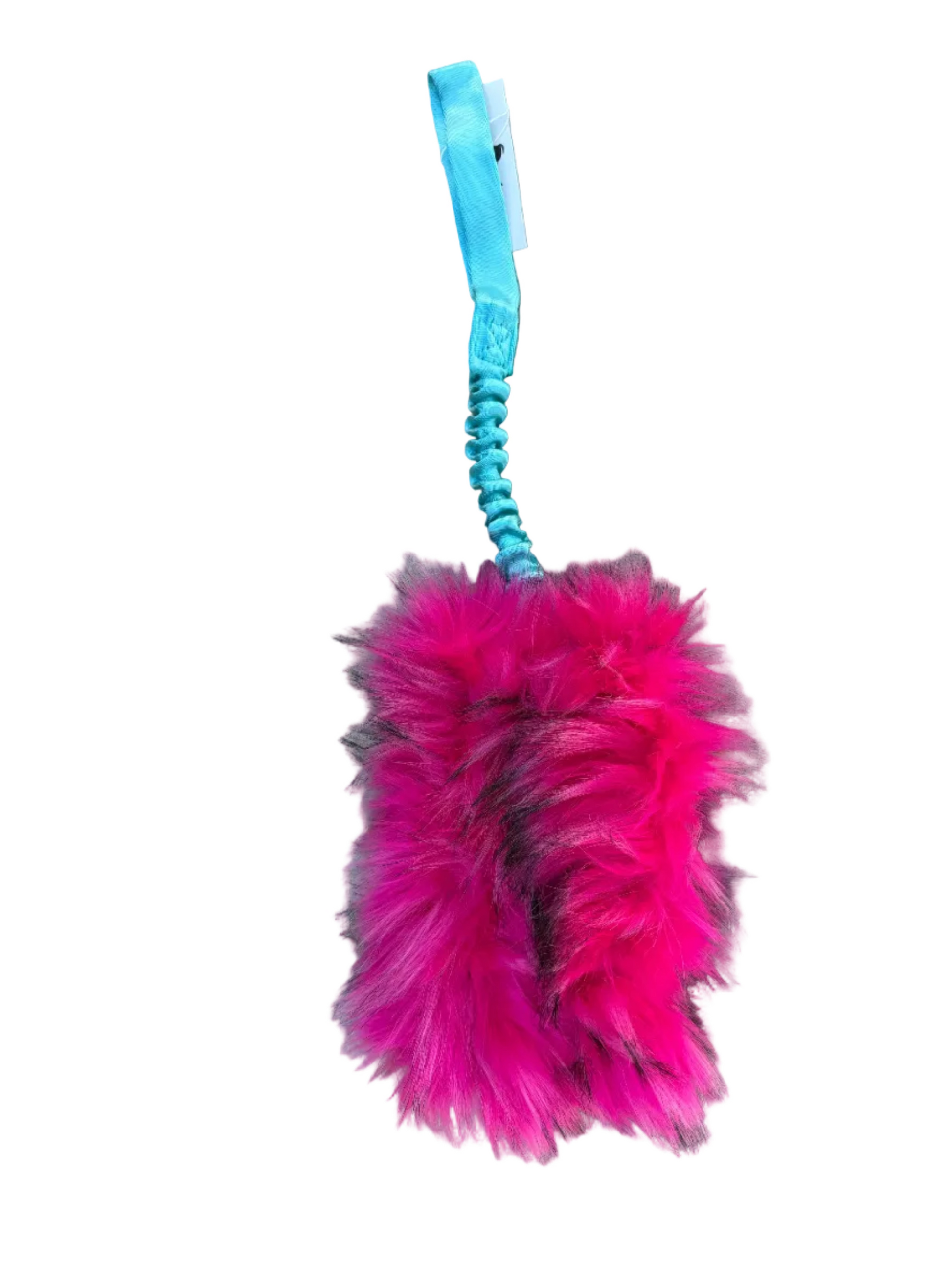 Pink faux fur toy with a blue handle on a white background.