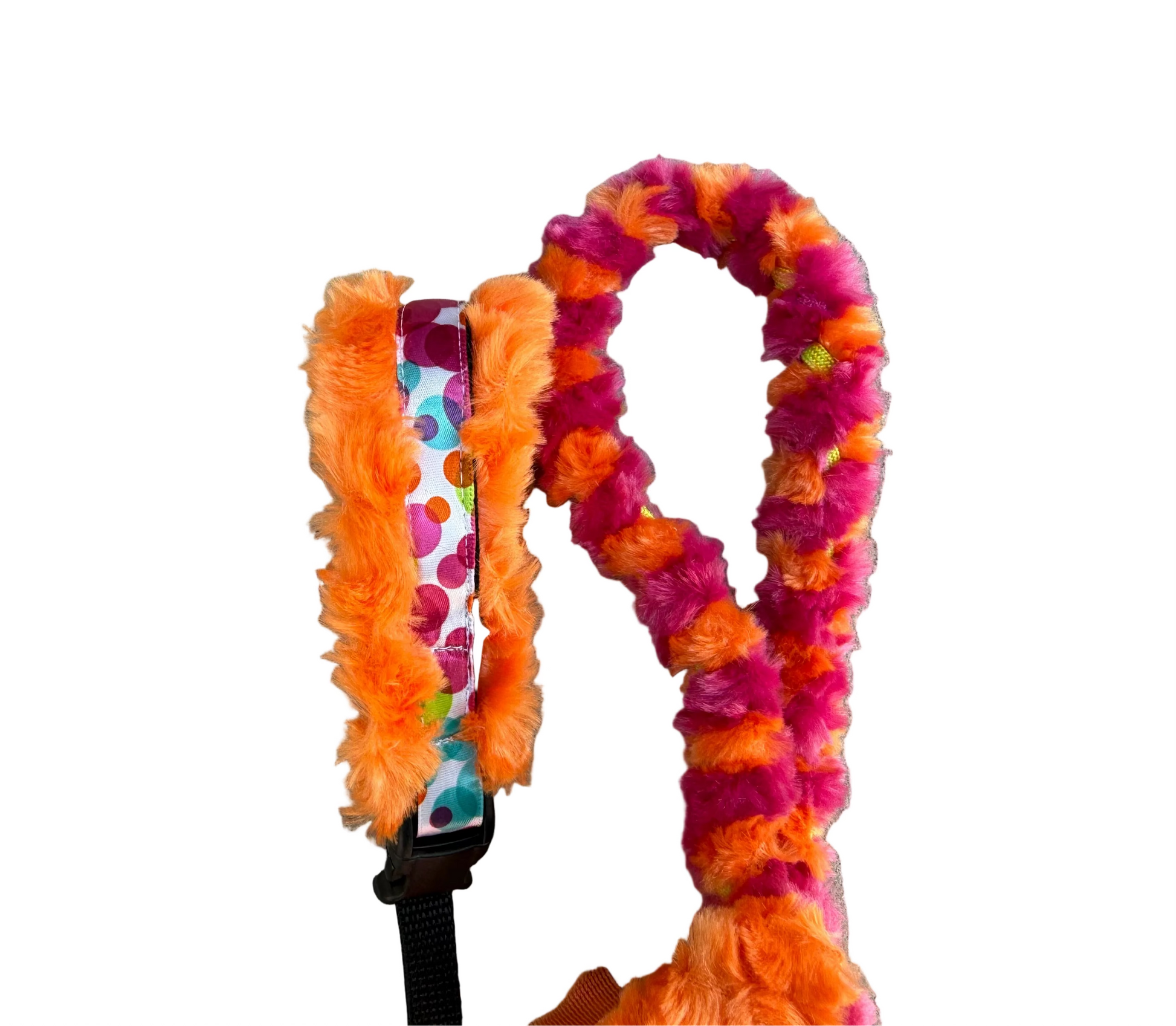 Colorful fluffy collar with a leash on a white background.