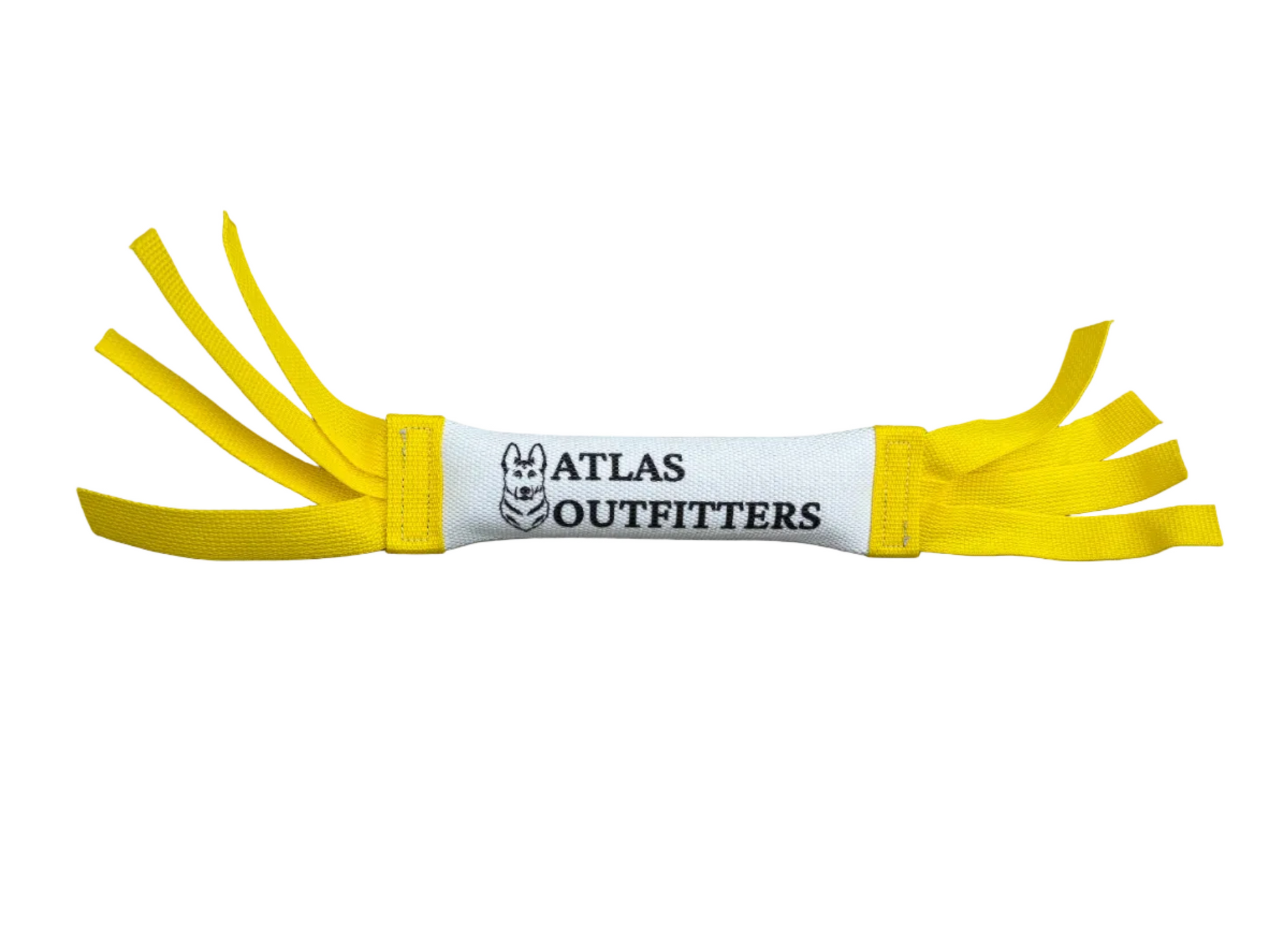 Yellow and white dog bumper with 'Atlas Outfitters' branding on a white background.