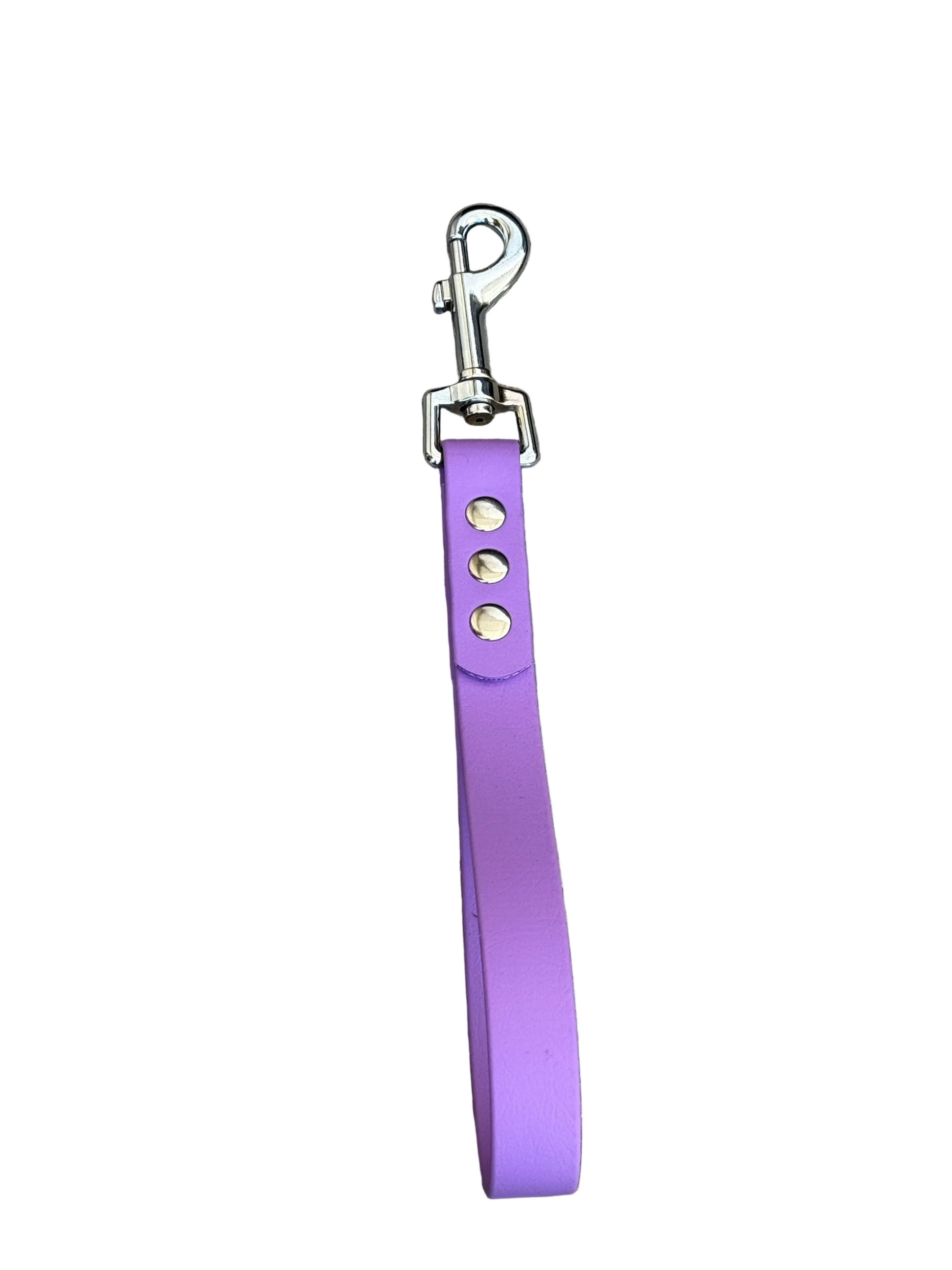 Purple dog leash with metal clip on a white background.