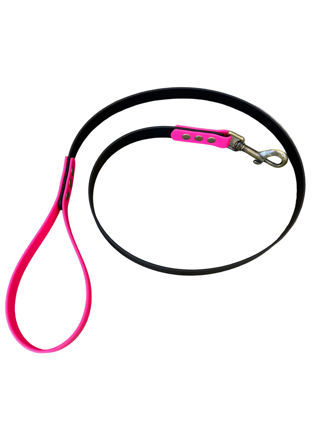 Black and pink dog leash on a white background.