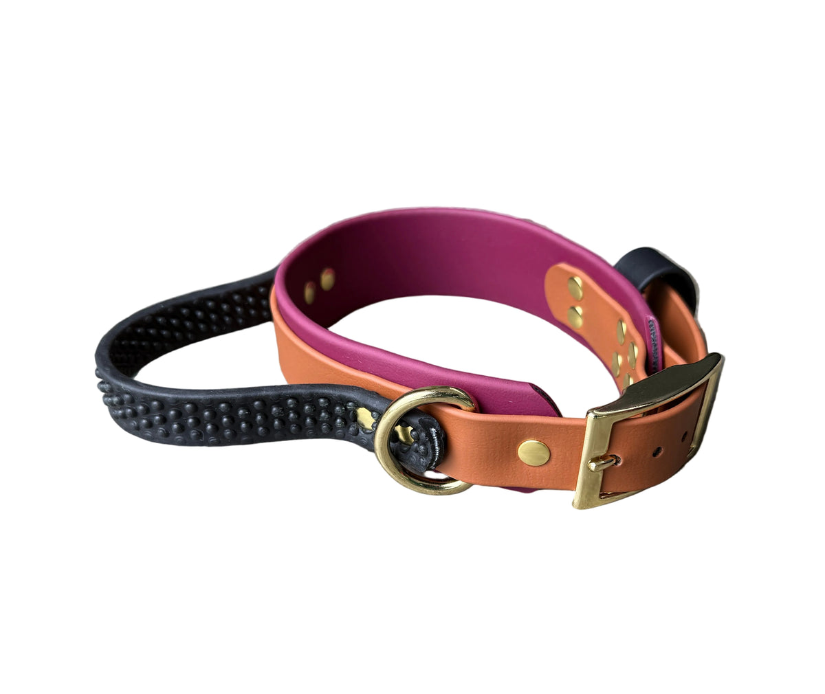 Wine and brown dog collar with black studded sections and gold-tone hardware, 