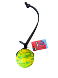 Yellow ball on a black cord with a tag labeled 'Foster' on a white background