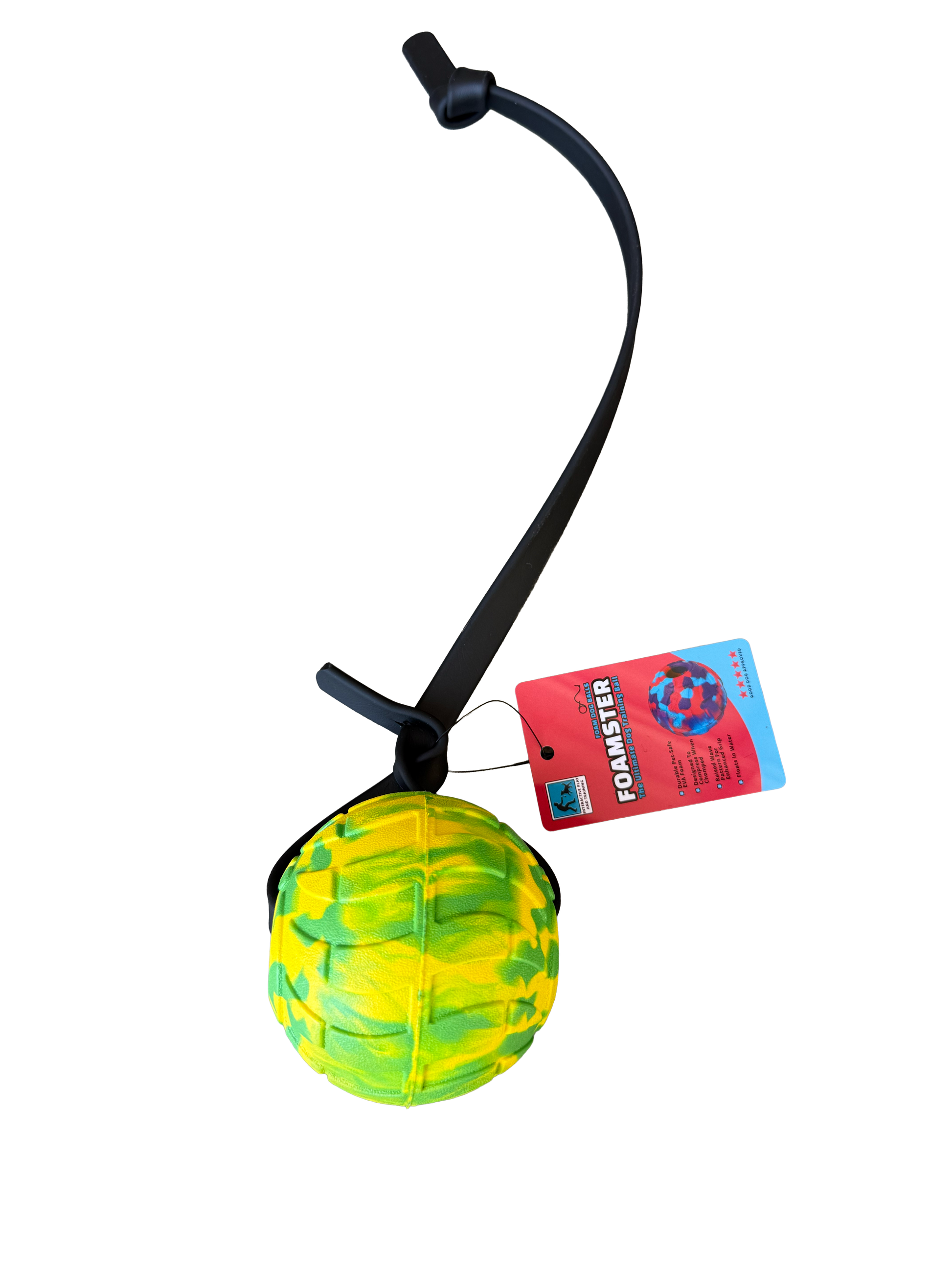 Yellow ball on a black cord with a tag labeled 'Foster' on a white background