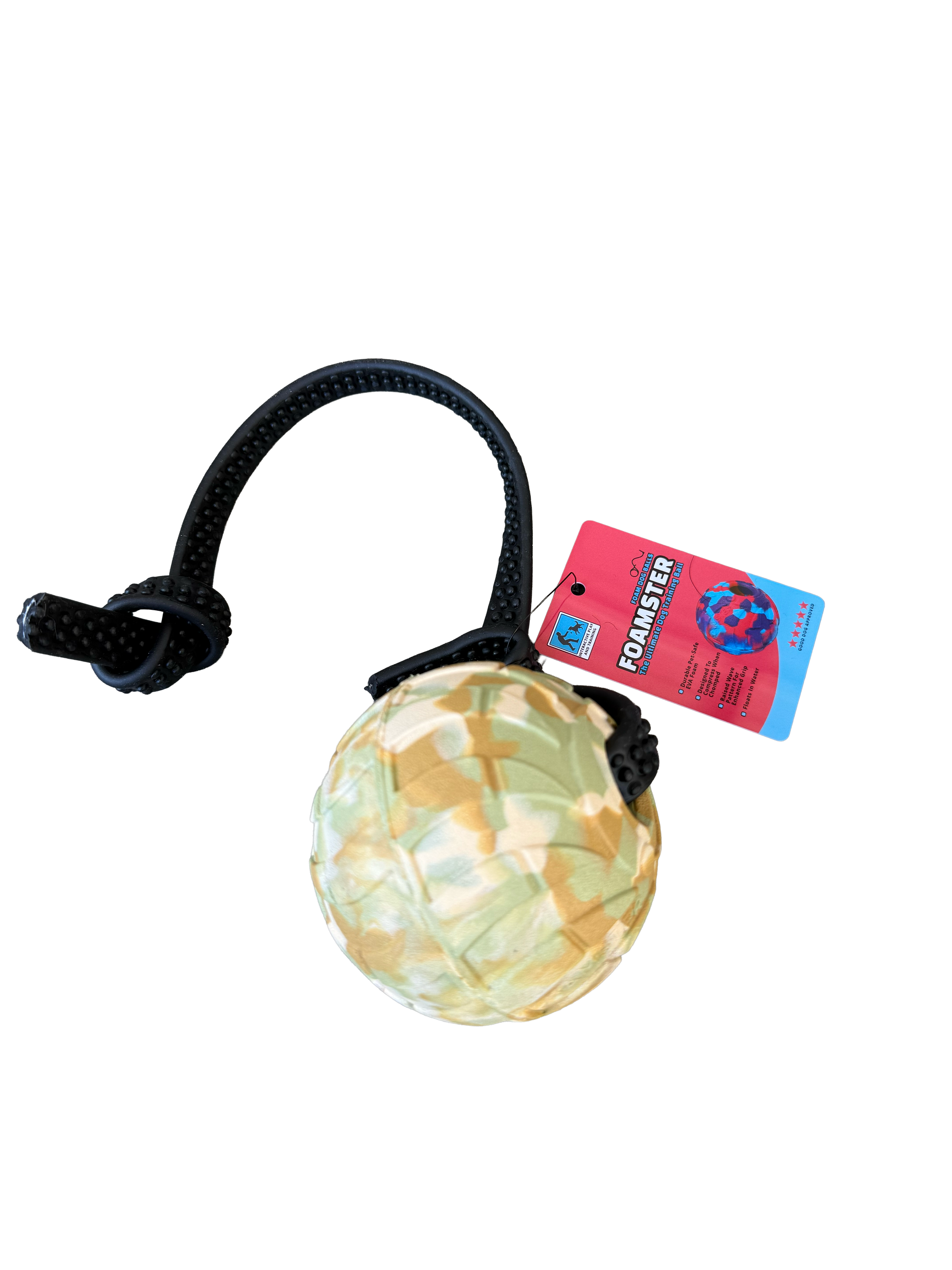 Dog toy with a ball and rope on a white background