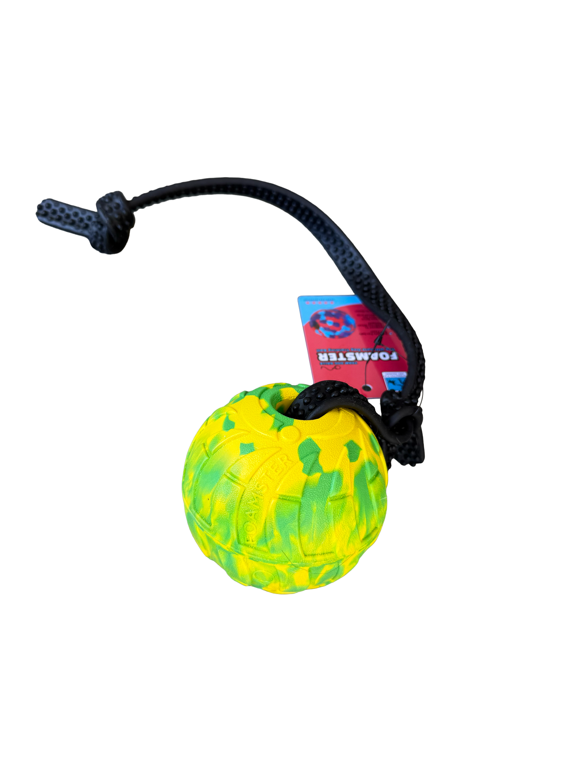 Yellow and green textured ball with a black rope on a white background