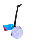 Pet toy with a colorful ball and black handle on a white background