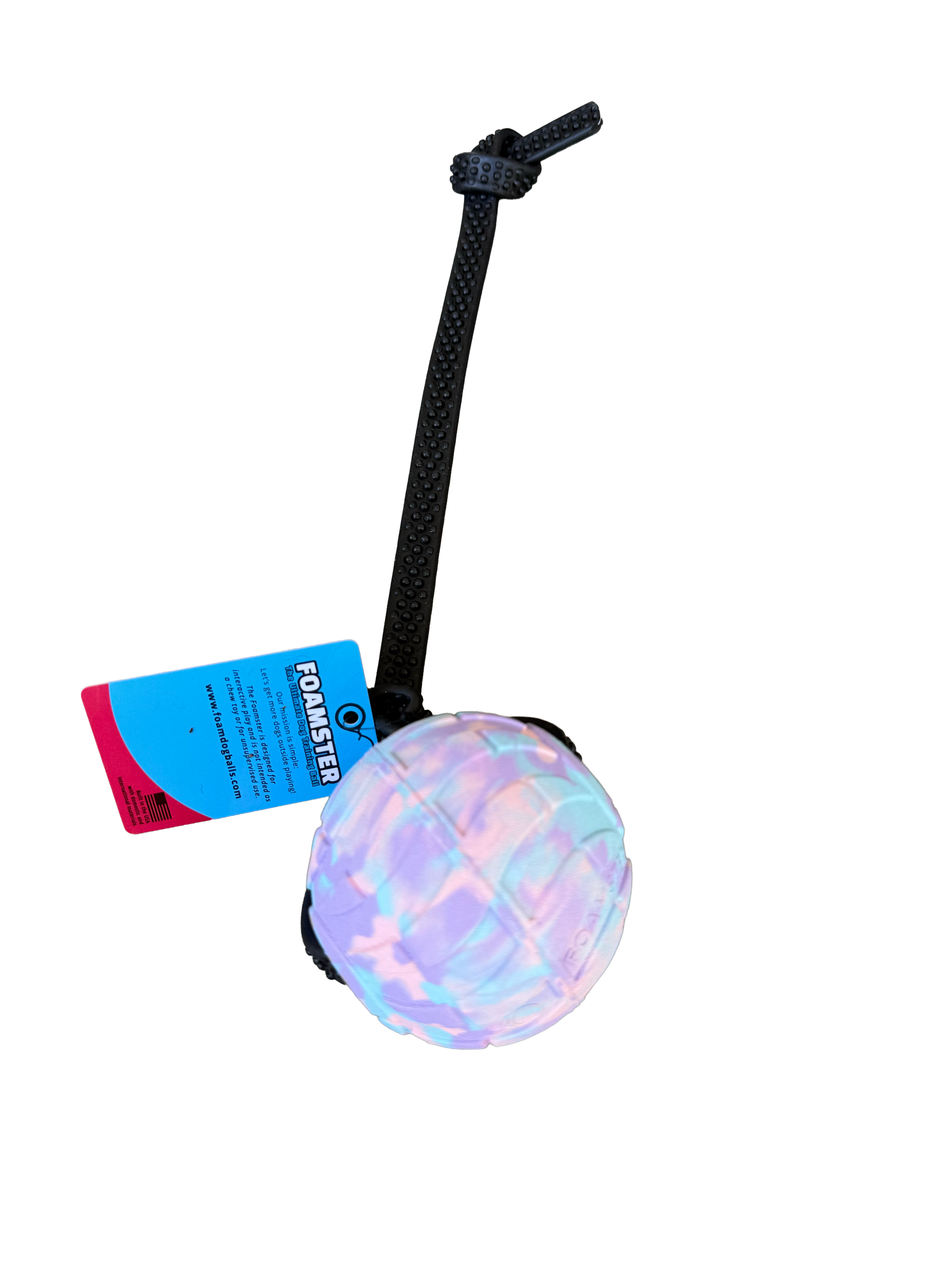 Pet toy with a colorful ball and black handle on a white background