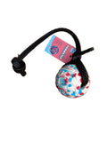 A dog toy consisting of a black textured rope with a knotted loop and a white rubber ball featuring red and blue marbled patterns on white background