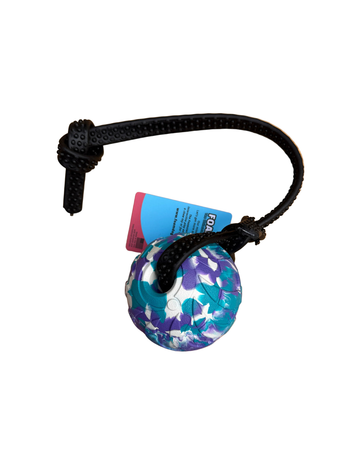 A small round dog ball with a blue, purple, and white pattern, attached to a black rope leash, on a white background.