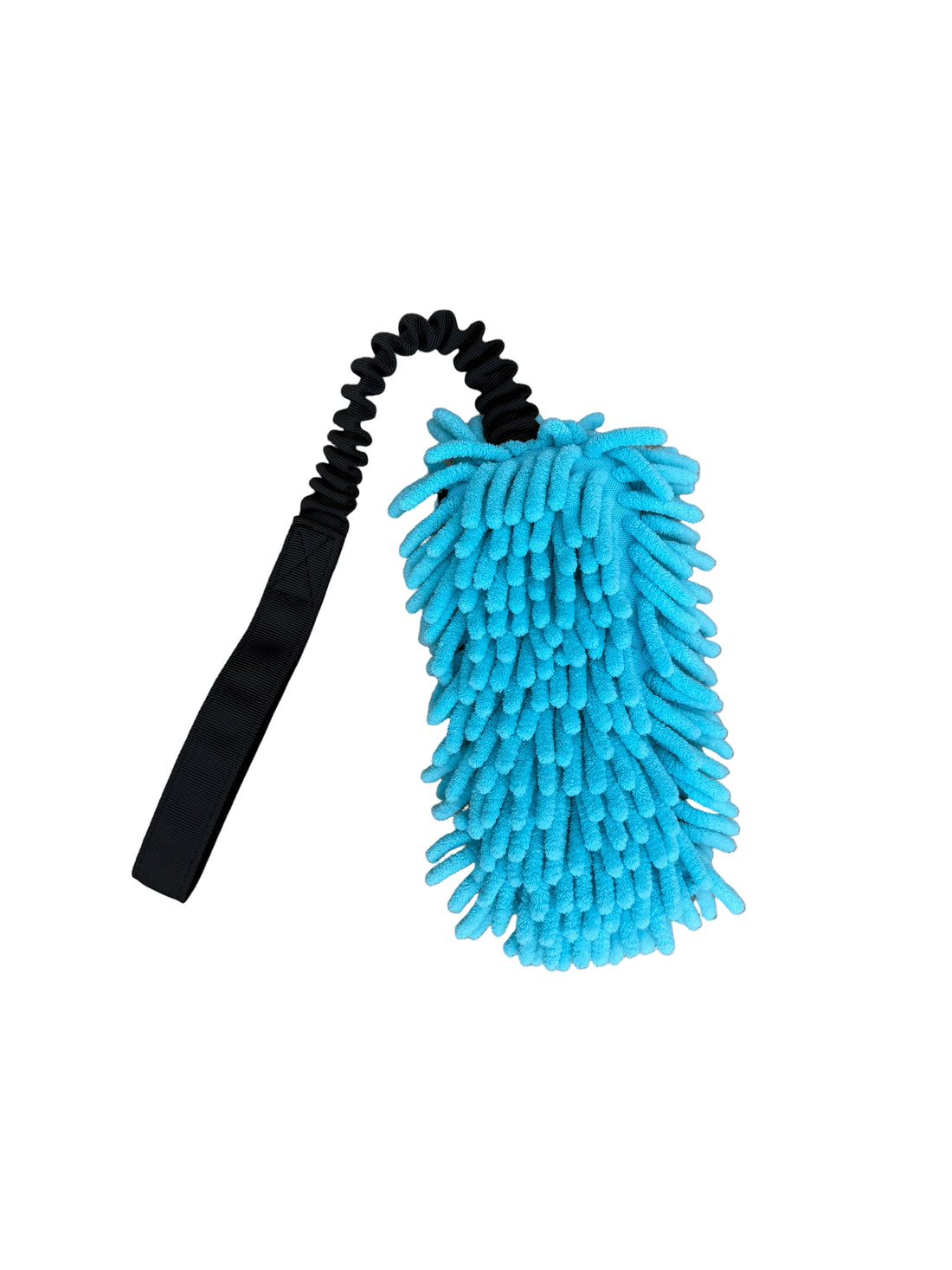 A microfiber Dog toy with bright turquoise blue chenille fibers and a black handle