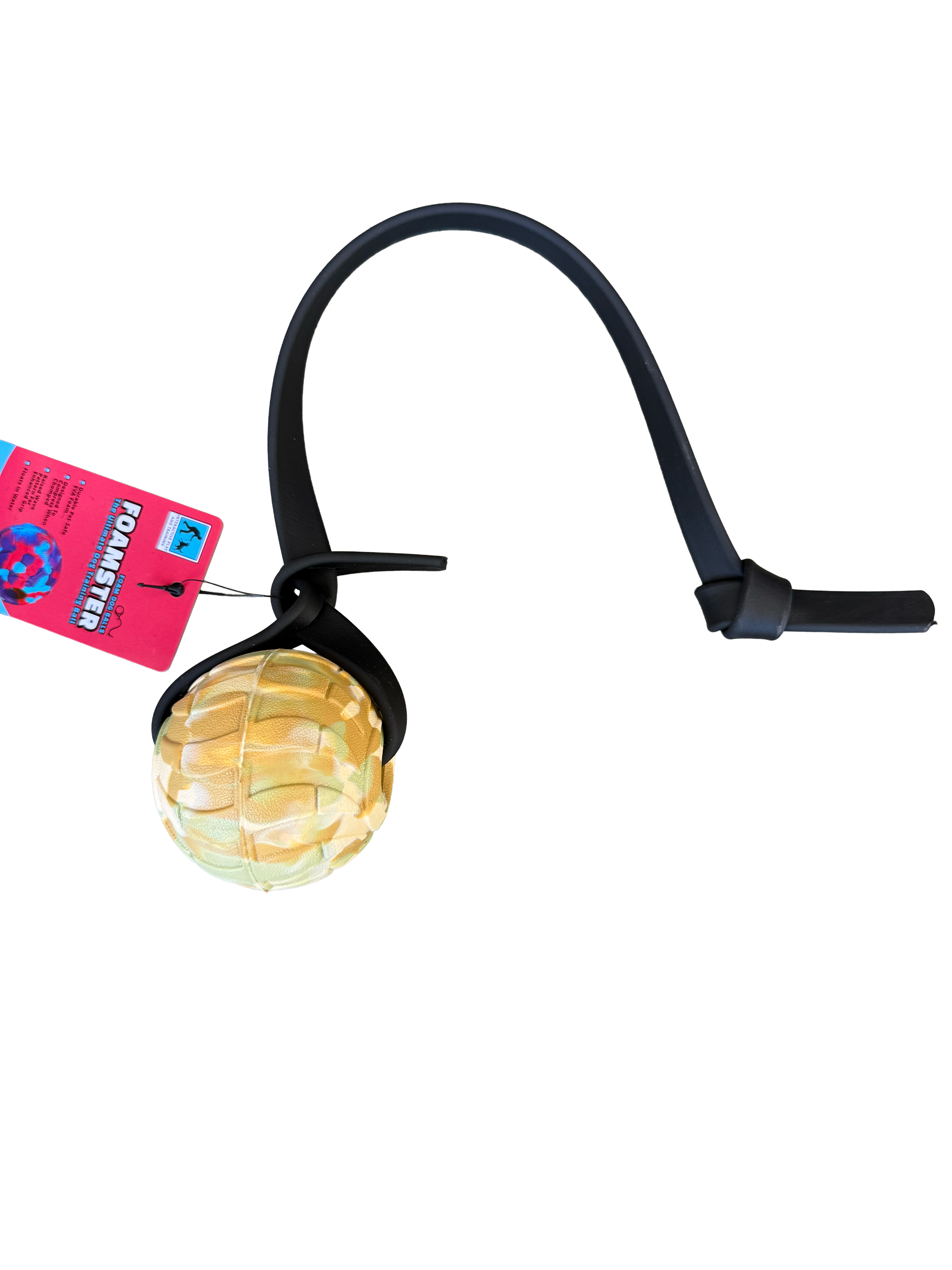 Pet toy with a black flexible neck and reflective ball on a white background