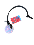 Pet toy with a colorful ball and black handle on a white background