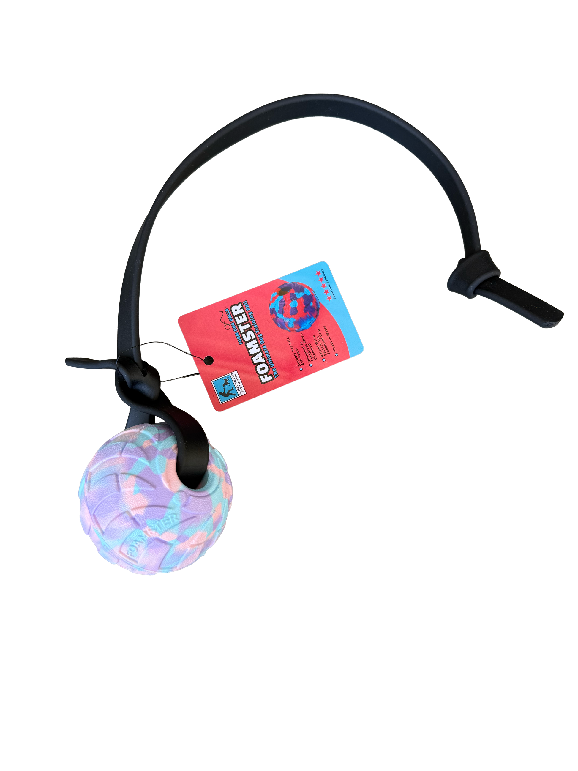 Pet toy with a colorful ball and black handle on a white background