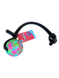 Colorful ball with a black rope and a tag on a white background