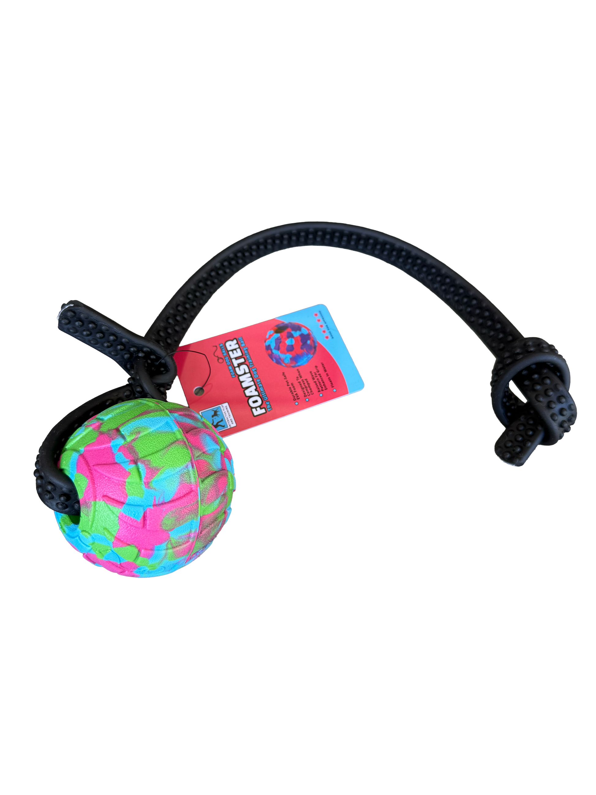 Colorful ball with a black rope and a tag on a white background