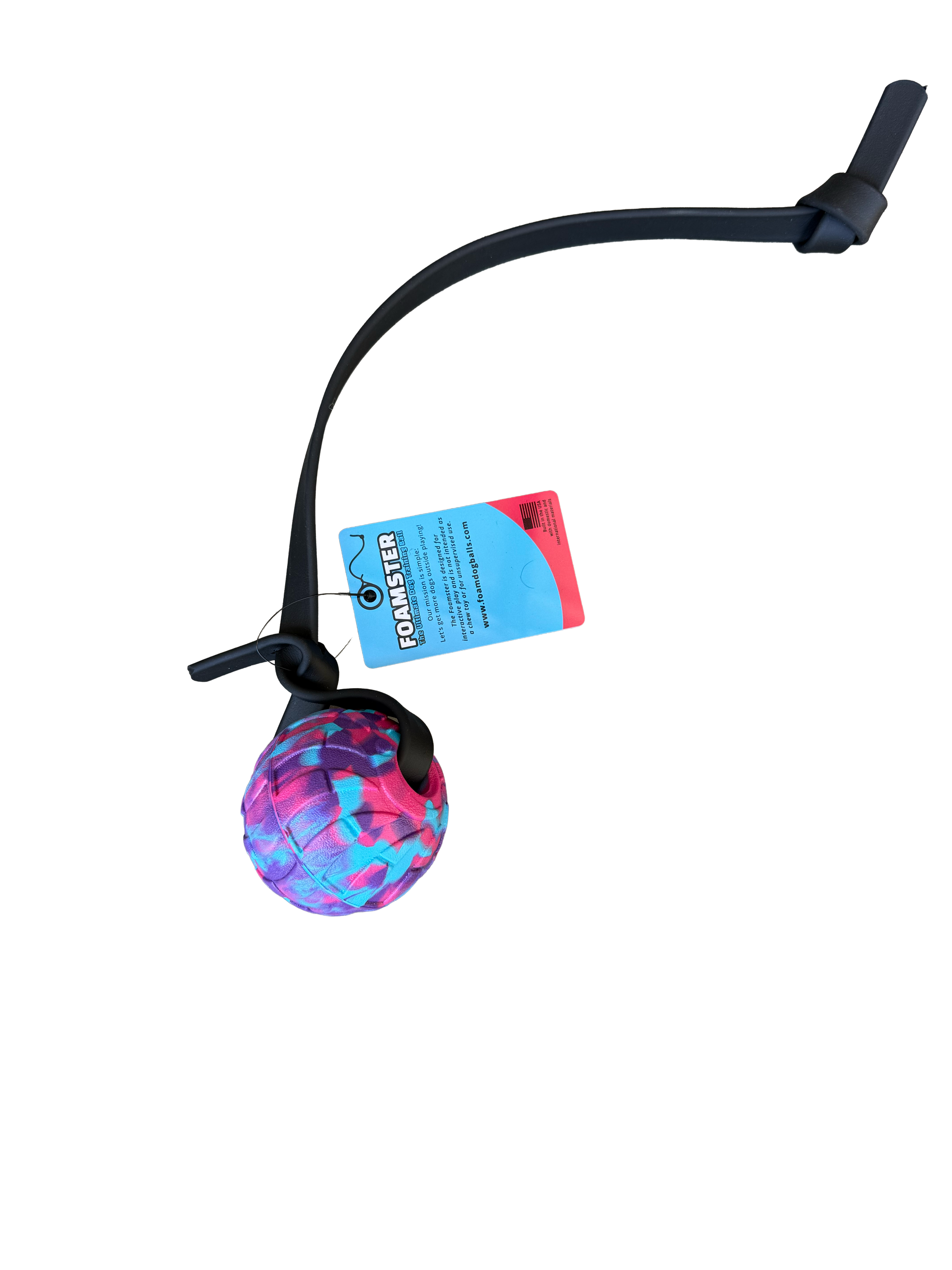 Colorful ball on a string with a tag on a white background