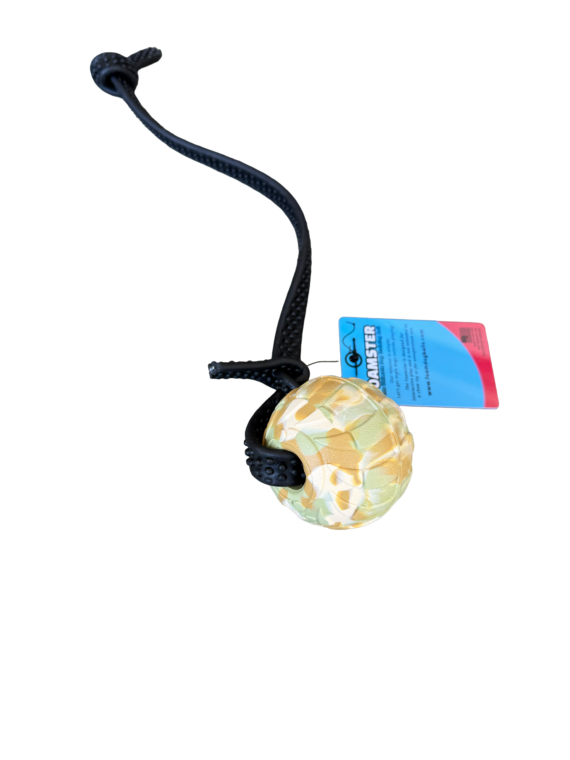 Dog toy with a rope and a colorful ball on a white background