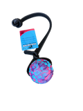 Colorful ball on a rope with a tag on a white background
