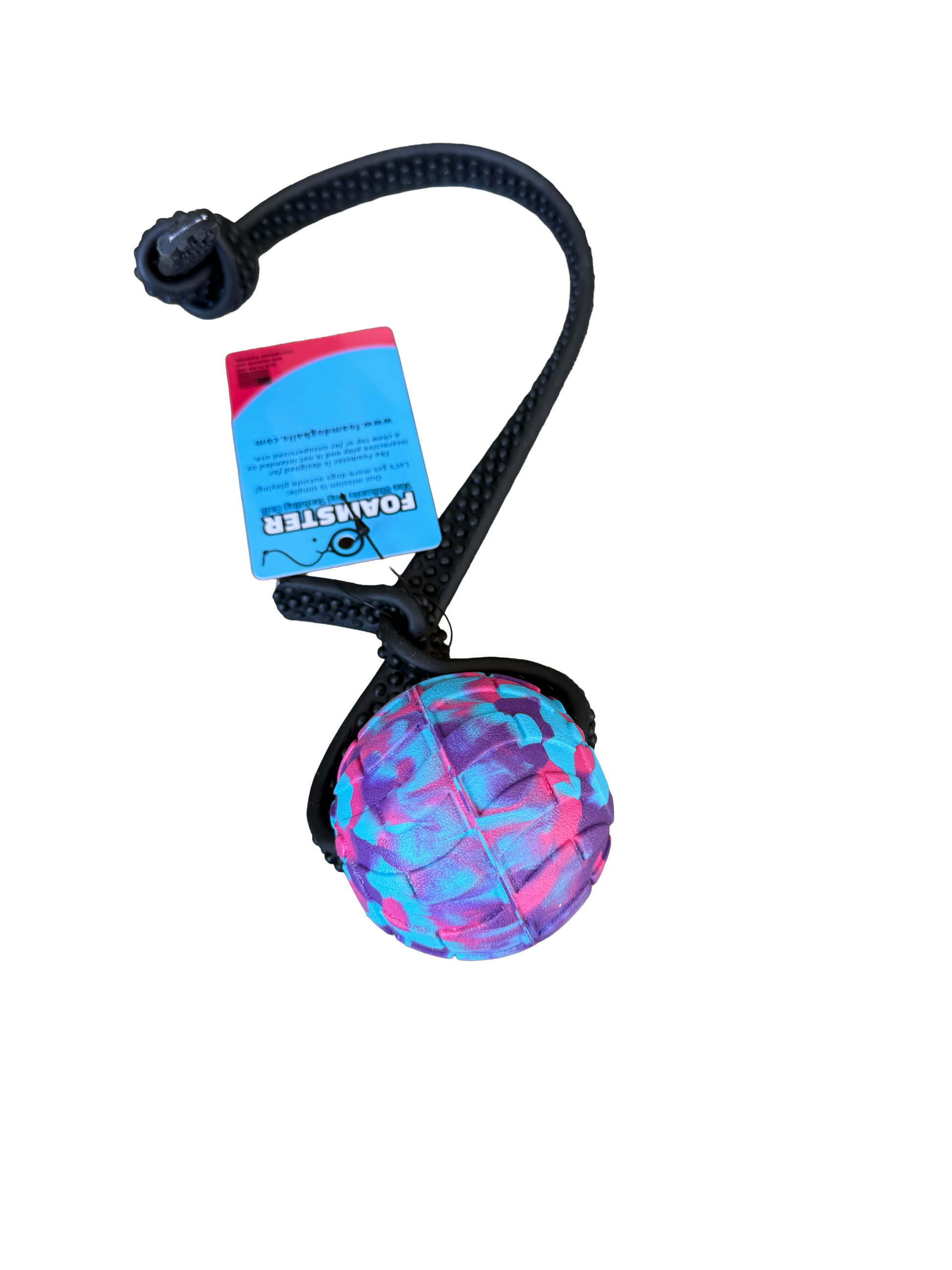 Colorful ball on a rope with a tag on a white background