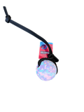 Dog toy with a colorful ball and black rope on a white background