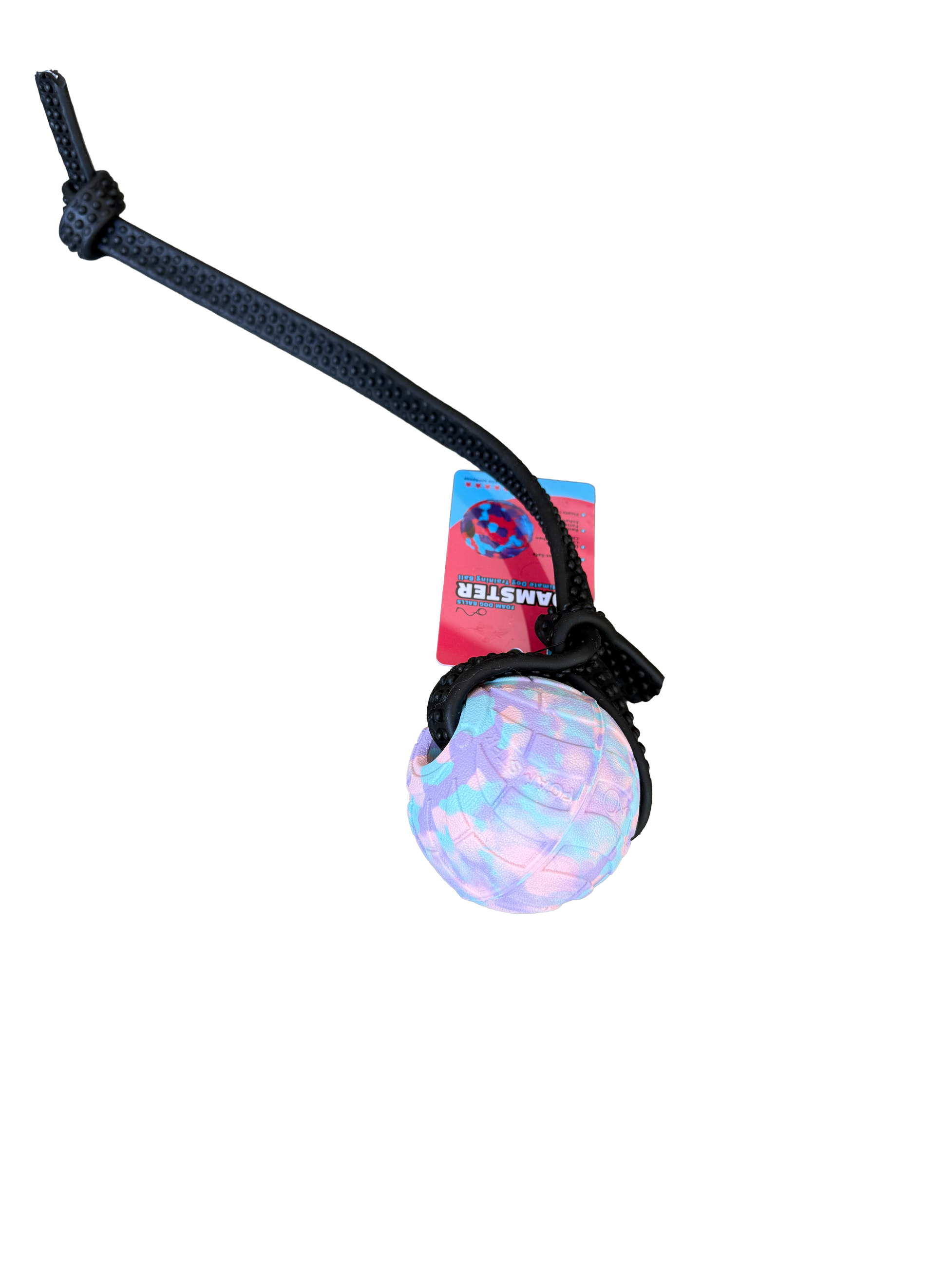 Dog toy with a colorful ball and black rope on a white background