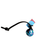 A dog ball consisting of a black rubber rope with a knotted end and a small round ball in a blue, purple, and white camouflage pattern, on a white background.