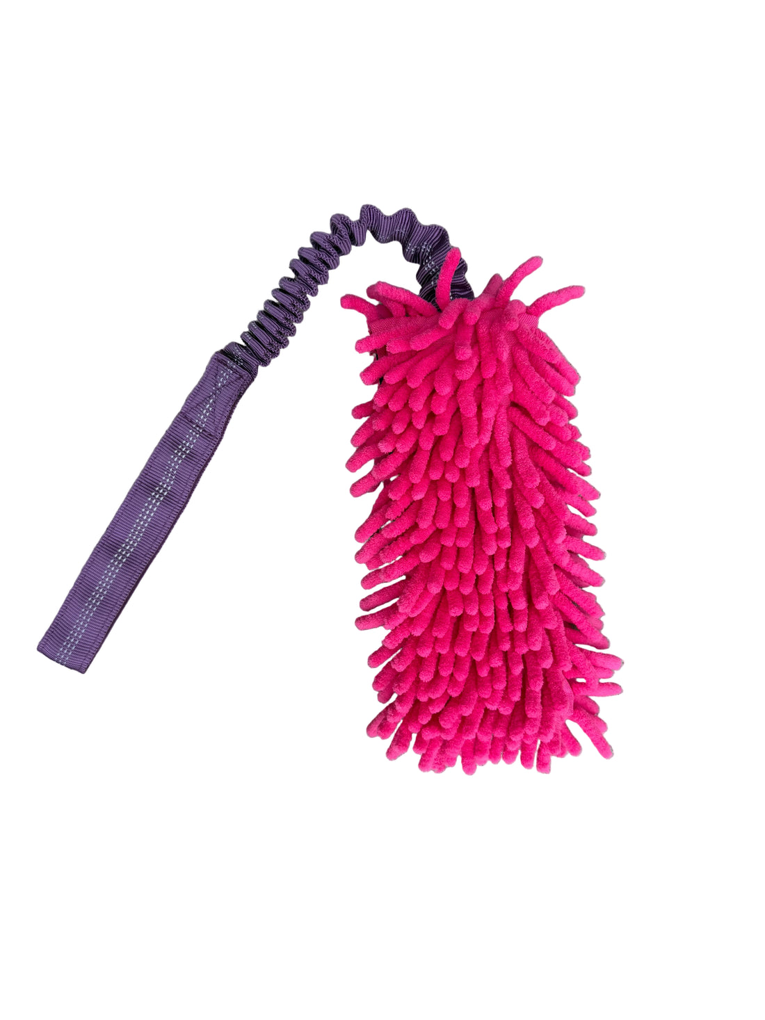A microfiber Dog toy with bright turquoise blue chenille fibers and a black handle